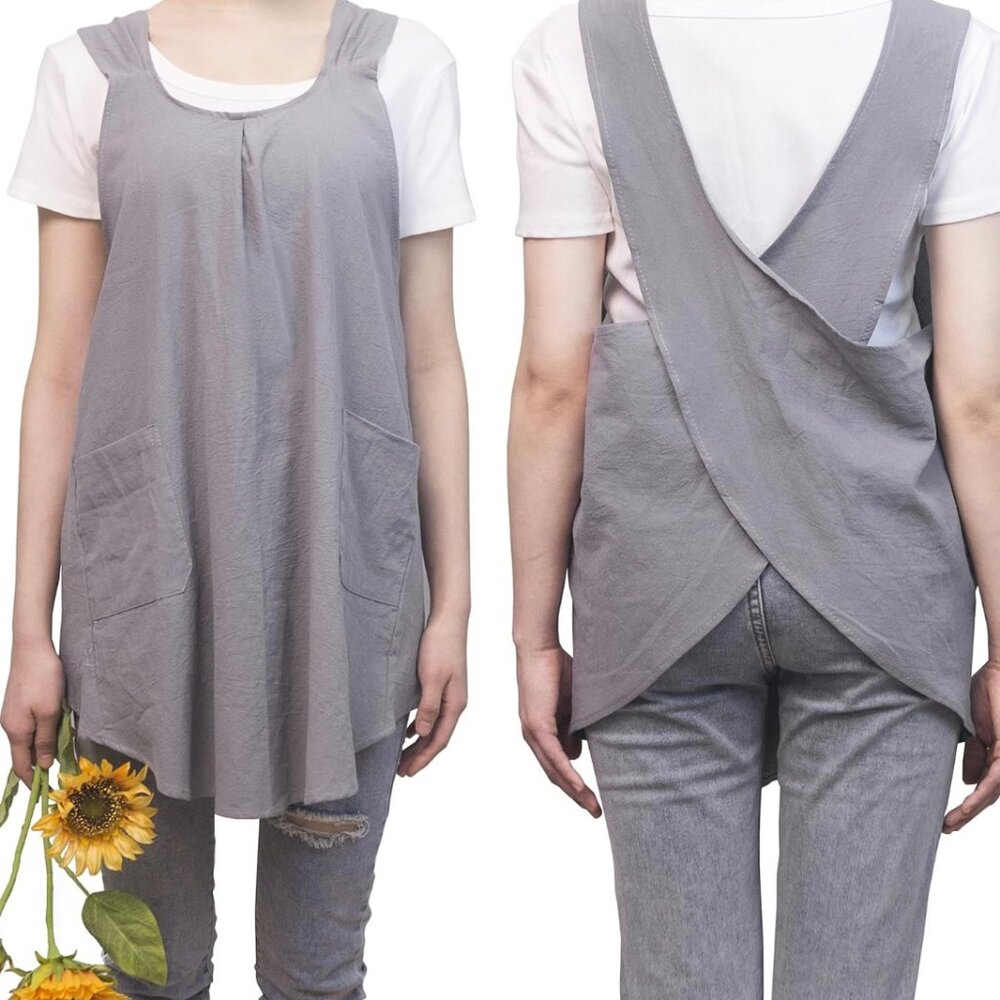 Japanese Apron Halter Cross Back Bandage X Shape Aprons Two Pockets Cotton Linen